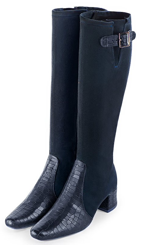 Navy blue women's knee-high boots with buckles. Round toe. Low flare heels. Made to measure. Front view - Florence KOOIJMAN